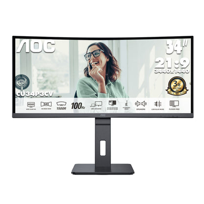 AOC 34" 21:9 UltraWide QHD VA 100Hz USB-C 65W Curved Business Monitor CU34P3CV