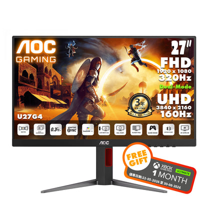 AOC 27" 4K UHD Fast IPS Dual-Mode (4K 160Hz ↔ FHD 320Hz) Gaming Monitor U27G4