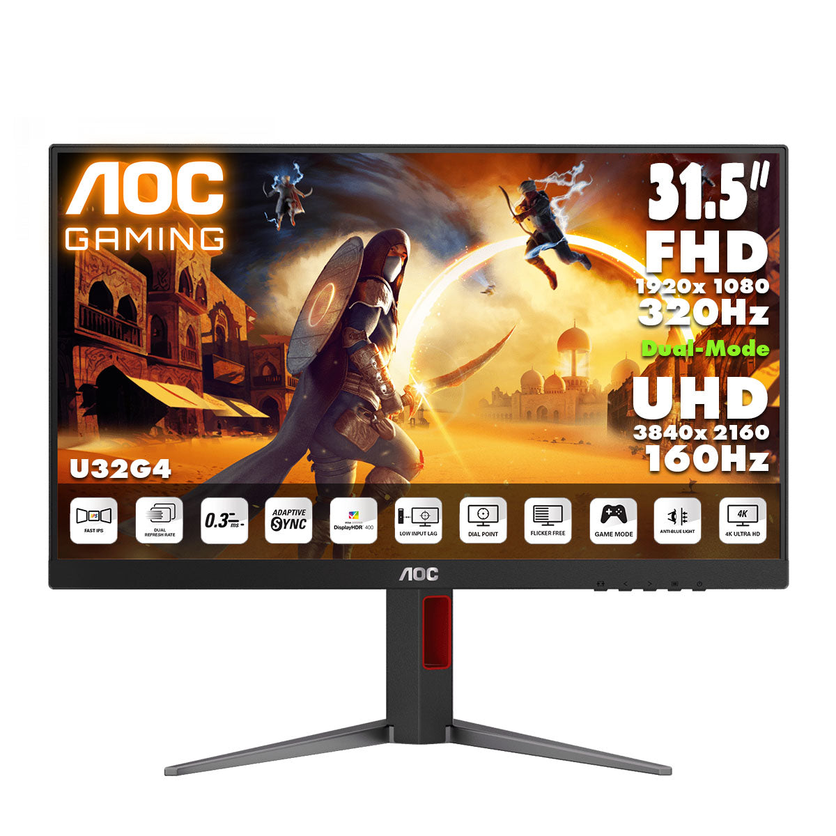 AOC 31.5" 4K UHD Fast IPS Dual-Mode (4K 160Hz ↔ FHD 320Hz) Gaming Monitor U32G4